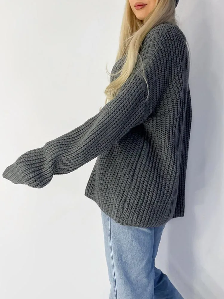 Msfancy Gray Knitted Pullovers Women 2022 Korean Fashion O-neck Oversized Jersey Mujer Long Sleeve Casual Tops