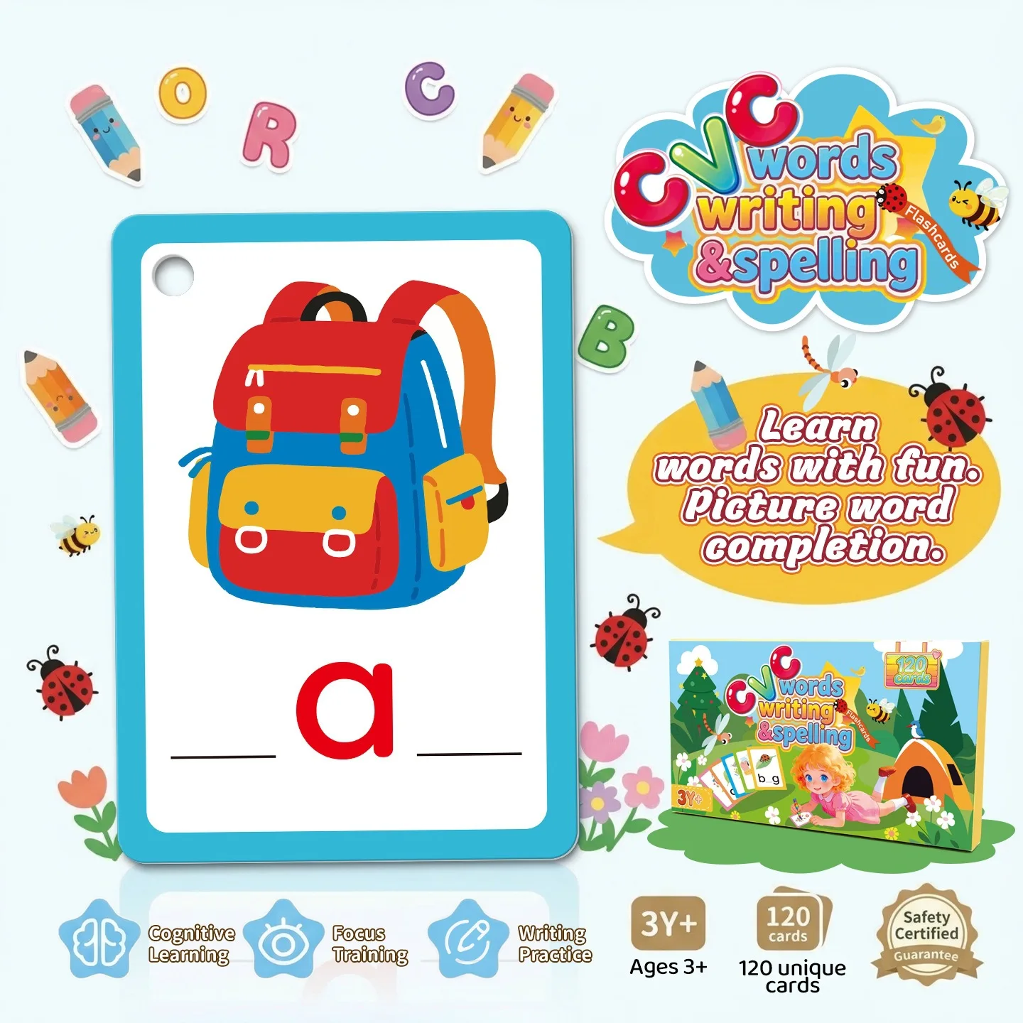 120 words A-Z Learning Cards with Pictures, 27 English Word Cards, Educational Cognitive Games