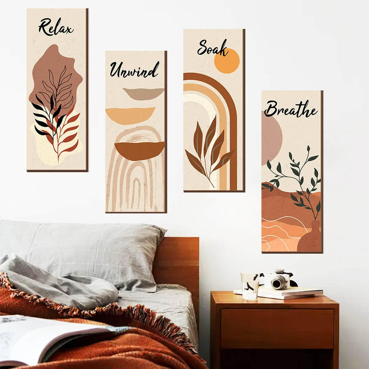 4pcs Bohemian Abstract Decorative Painting Wall Sticker Aesthetic Art Background Wall Living Room  Decorative Mural Wall Sticker