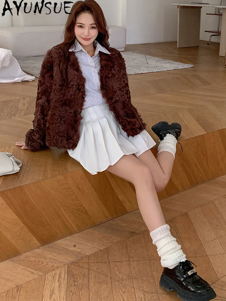 AYUNSUE Futro Damskie Prawdziwa Wełna Zimowe Ubrania 2025 Koreańska Moda Kożuch Owczany Kurtka Damska Пальто Женское Nowości w Płaszcach
