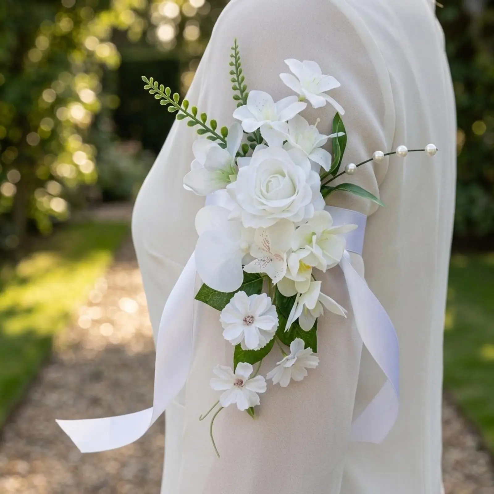 Wedding Arm Flower Photo Prop Bridal Arm Cuff Bridal Wrist Cuff Elegant Corsage Bracelet White Floral Design for Brides, Banquet