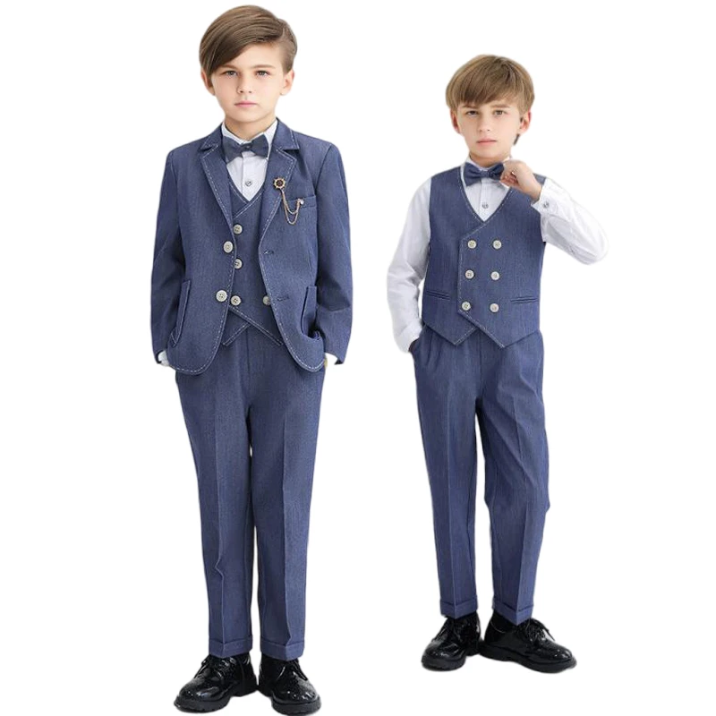 

Boys Formal 5pcs Suit Autumn Child Host Performance Birthday Wedding Costume Kids Blazer Vest Pants Bowtie Brooch Outfit