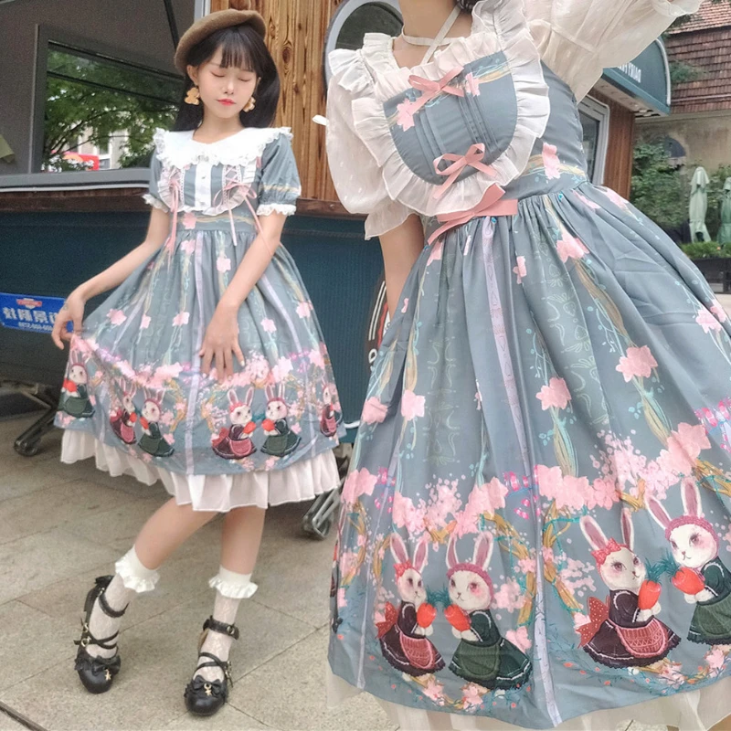 Victorian Gothic Lolita Jsk Dress Women Vintage Sweet Bunny Print Elegant Princess Party Dresses Girls Harajuku Y2k Mini Dresses