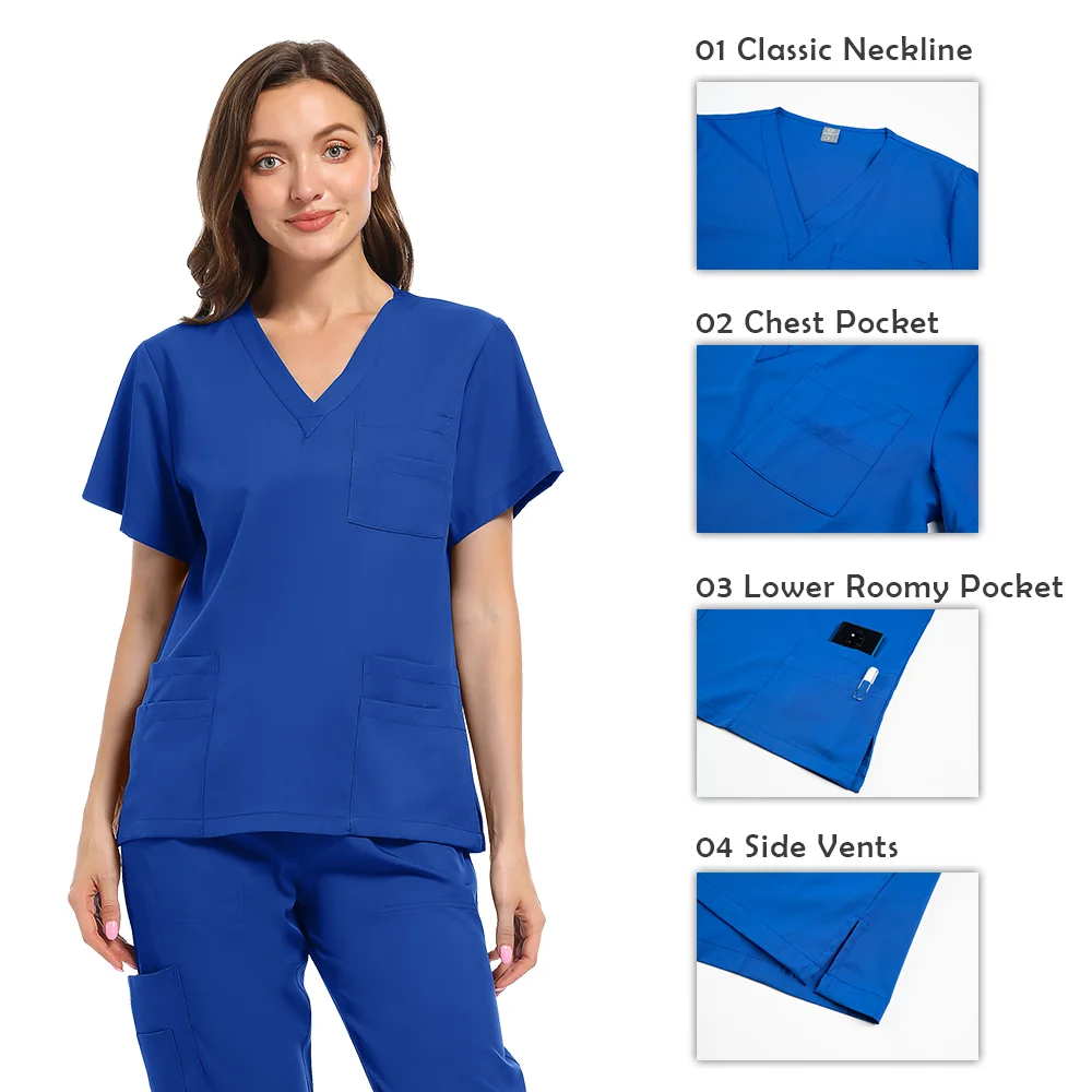 Conjunto de exfoliante elástico para quirófano, uniforme quirúrgico, uniformes de trabajo veterinario Dental, Tops de manga corta con cuello en V, pantalones, traje al por mayor