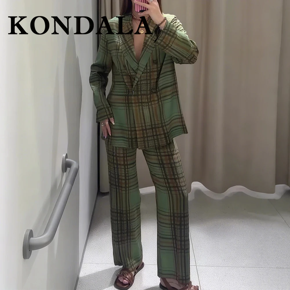 

KONDALA шикарный клетчатый офисный женский костюм, двубортный свободный пиджак + карманы на молнии, длинные брюки, мода 2025 г., женский повседневный комплект
