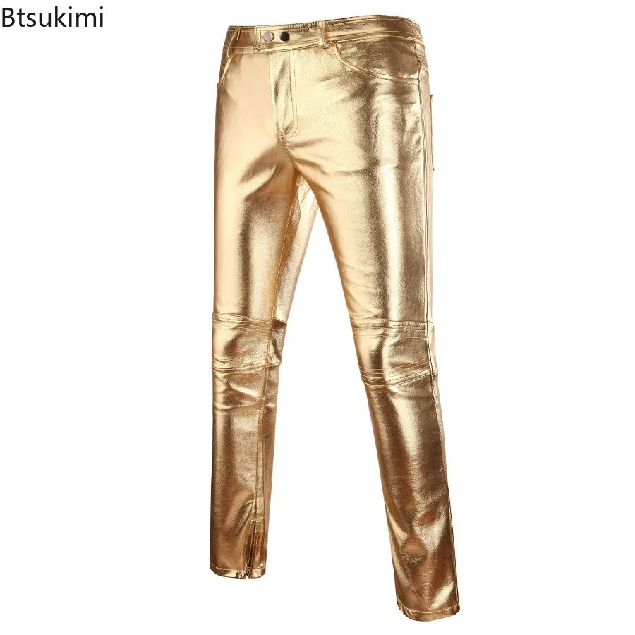 

2026 мужские повседневные кожаные брюки, модные узкие блестящие мотоциклетные брюки из искусственной кожи для ночного клуба, певцов, танцоров, мужские брюки
