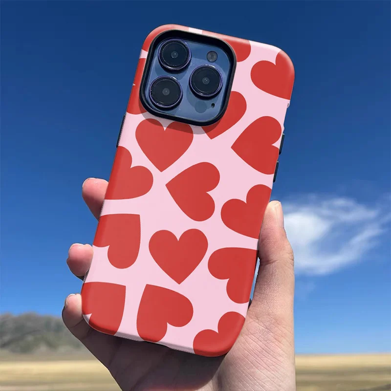 Phone Case for iPhone 16 15 14 13 12 11 X XS XR XSMAX 7 8 Pro Max Plus Luxury Red Love Simple and Fashi Double-layer Back Cover