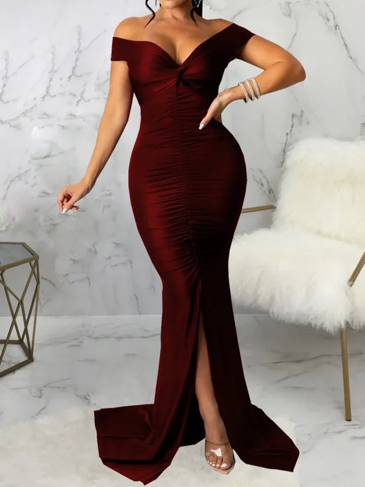 سيدة حورية البحر فستان سهرة حفلة رسمية فستان حفلات خارج الكتف منخفضة قطع الخامس الرقبة عارية الذراعين طيات سليم شق فستان طويل مثير