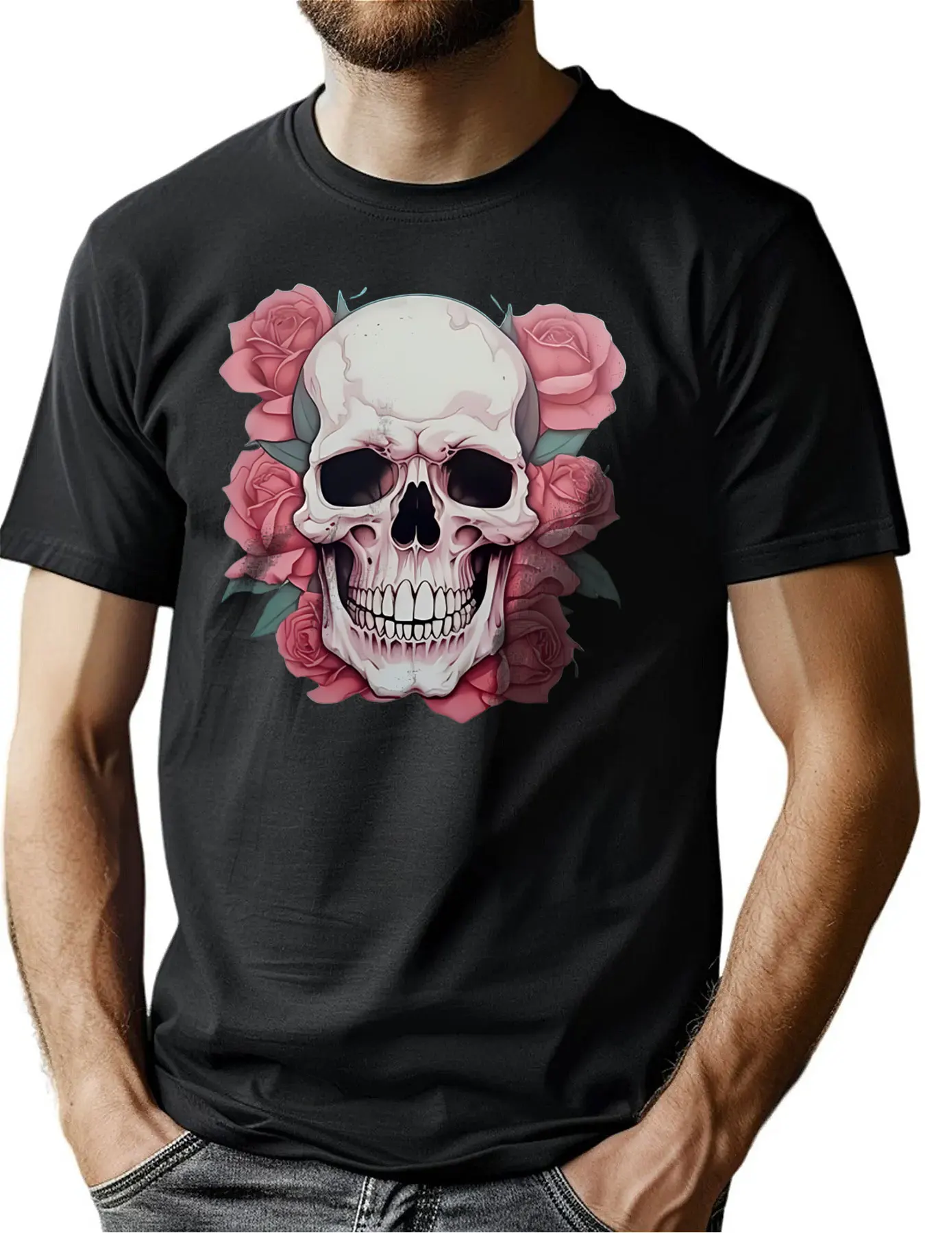 

Pure Cotton Men's Crew Neck Tee With Floral Skull Print Memorial Day Gift Outdoor Comfort Machine Washable For Men