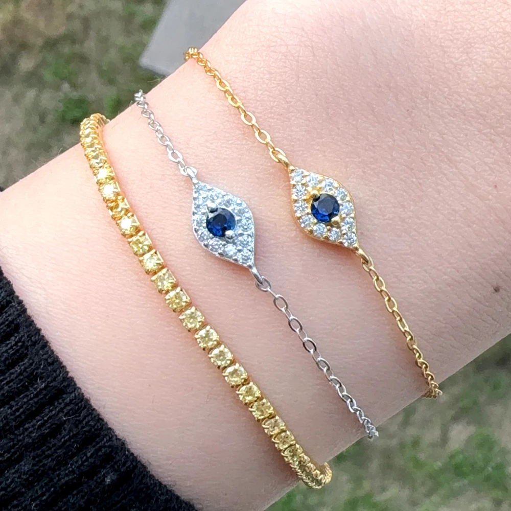 

100% 925 Sterling Silver Micro Pave Cubic Zirconia Sparking Blue White Cz Evil Eye Charm Chain Bracelet Lucky Turkish Jewelry