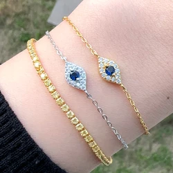 100% 925 Sterling Silver Micro Pave Cubic Zirconia Sparking Blue White Cz Evil Eye Charm Chain Bracelet Lucky Turkish Jewelry