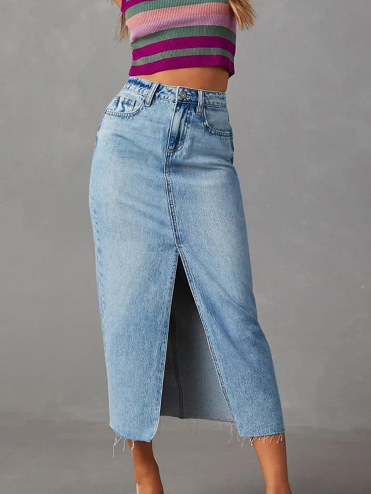 New 2026 Spring Summer Women's Denim Half-length Long Skirt Female Sexy Hot Girl A-line Version Split Slimming Skirt