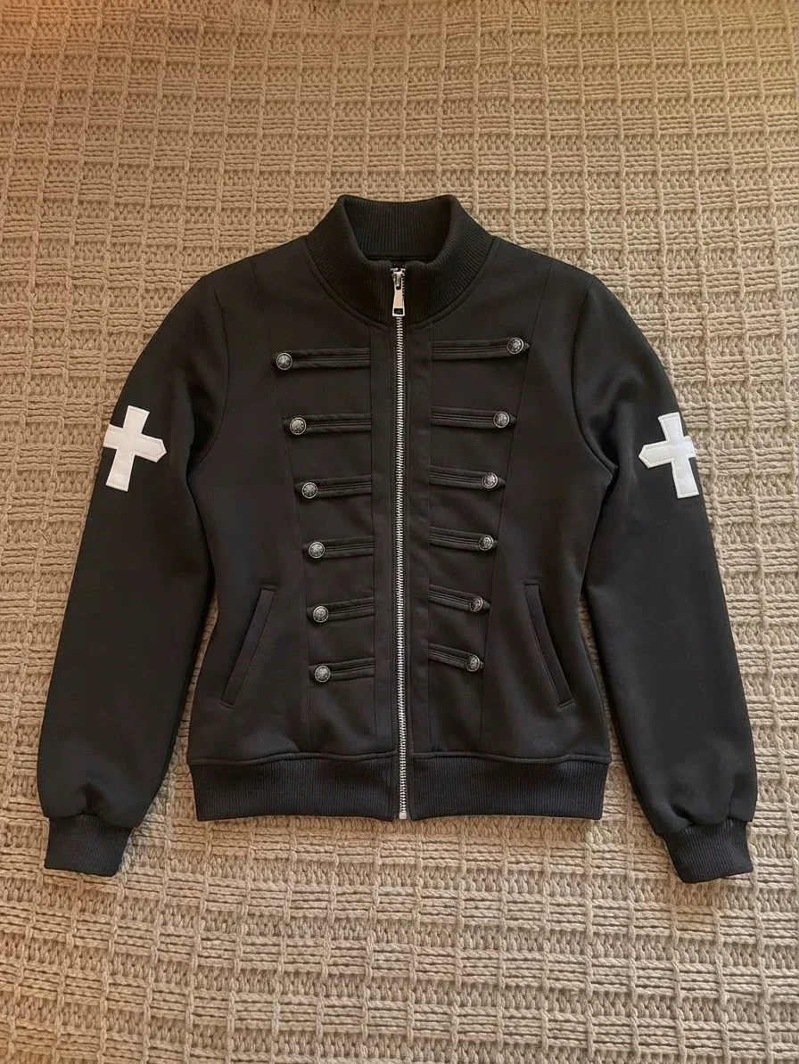Y2K Dark Streetwear Women Stand Collar Jacket Zip Up Cross Patch Gothic Double Button Decor Black Casual Outwear Coat 2026
