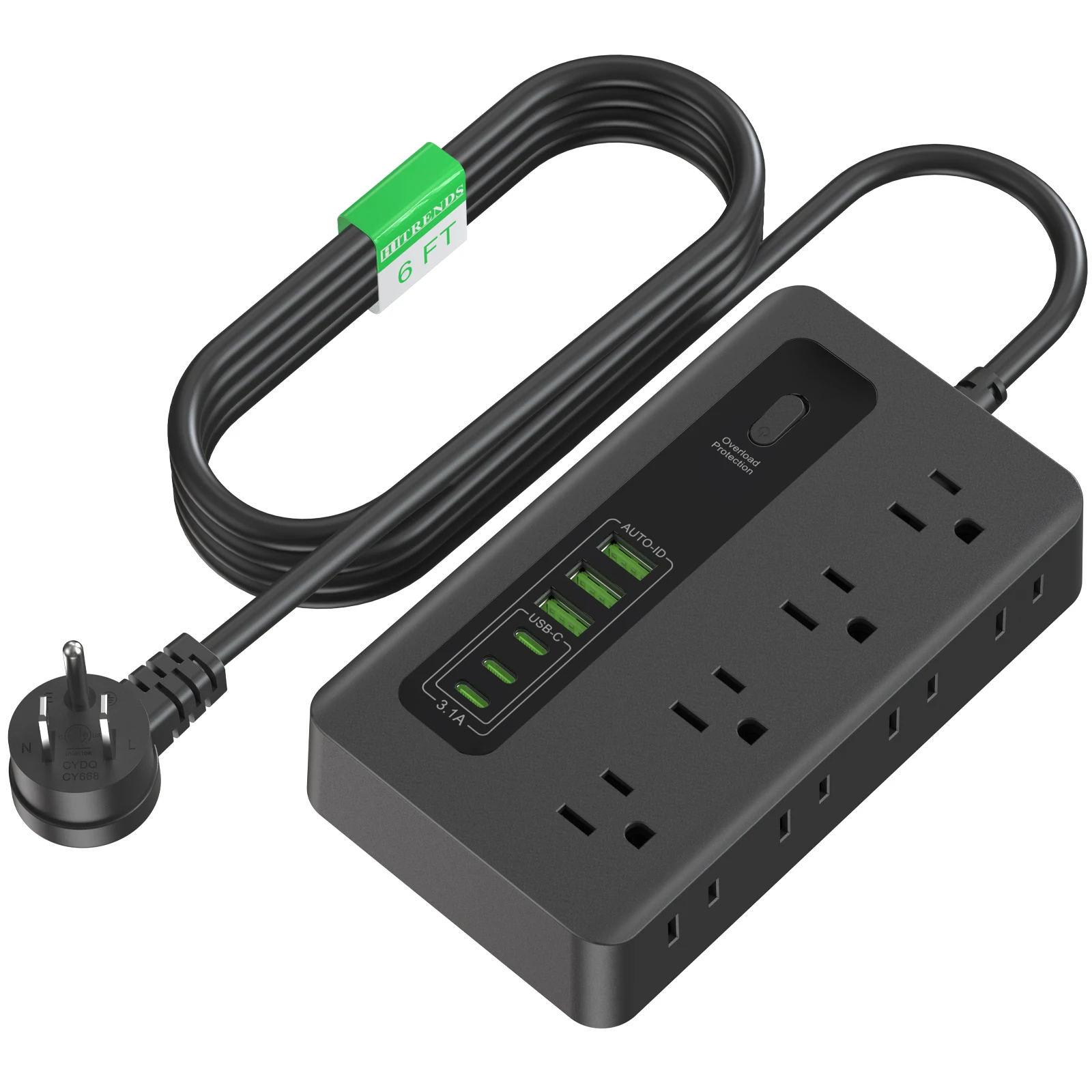 14-in-1 Flat Plug Multi-Functional Power Strip, USB-C/A Fast Charging, 1250W Overload Protection, Suitable for Cruise Ships