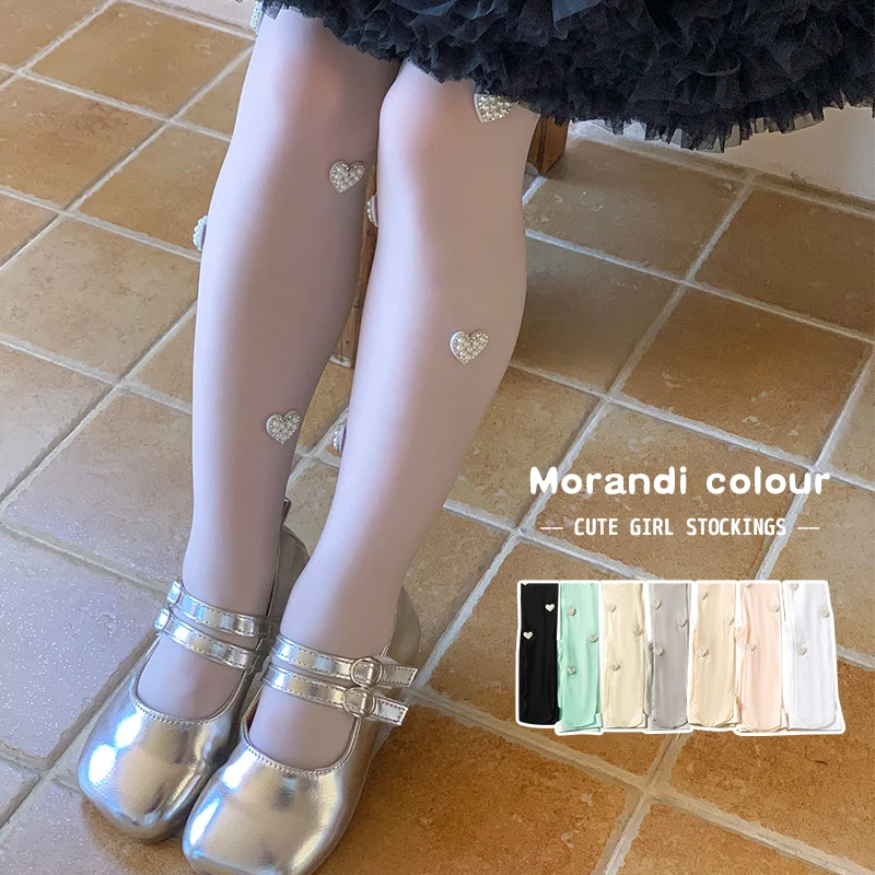 Girls Breathable Summer Cream Tights Elegant Full Bling Rhinestone Pearl Heart Pattern Smooth Anti-Snag Stockings For Girls Wear