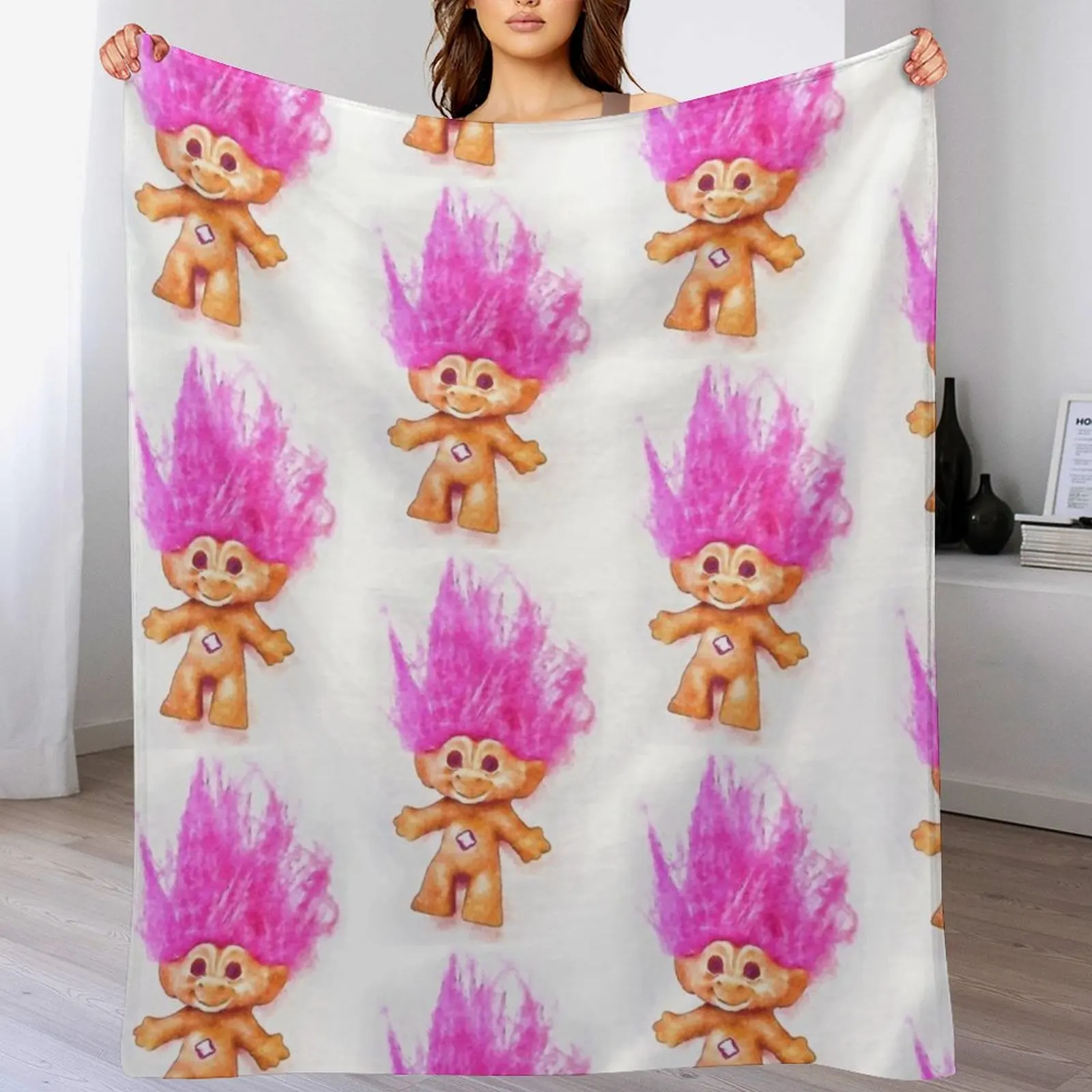 Pink Luck Troll Doll Watercolor Throw Blanket