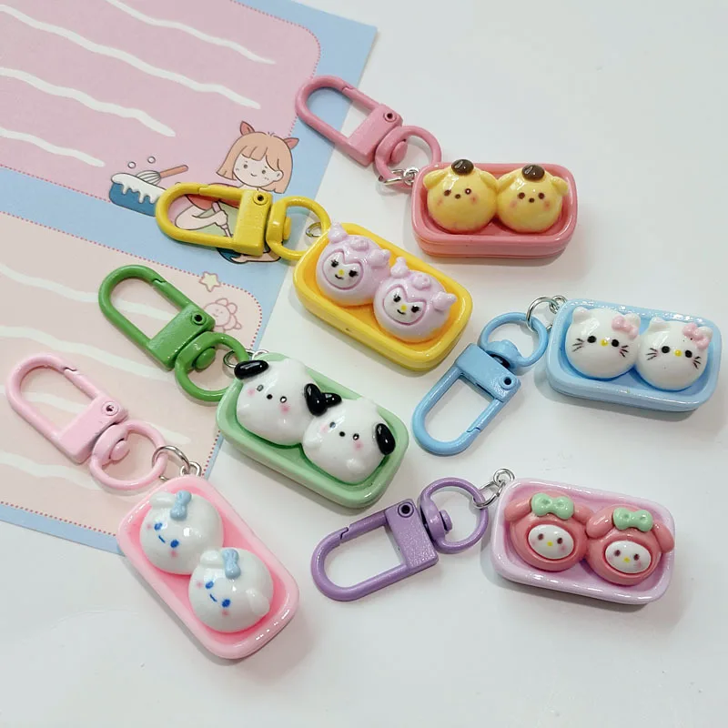 New Sanrio Cartoon Lunch Box Keychain Kawaii Pochacco Kuromi Melody Resin Key Chain Backpack Pendant Car Keyring Accessories