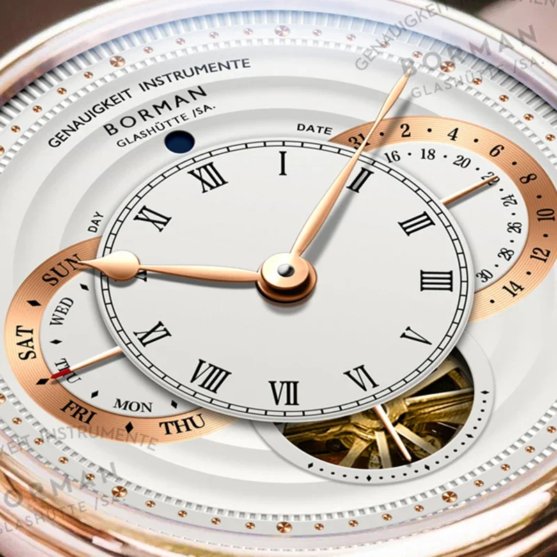 BORMAN Men Automatic Watch 42mm Mechanical Wristwatch Sapphire Mirror Skeleton Dial Week Date
