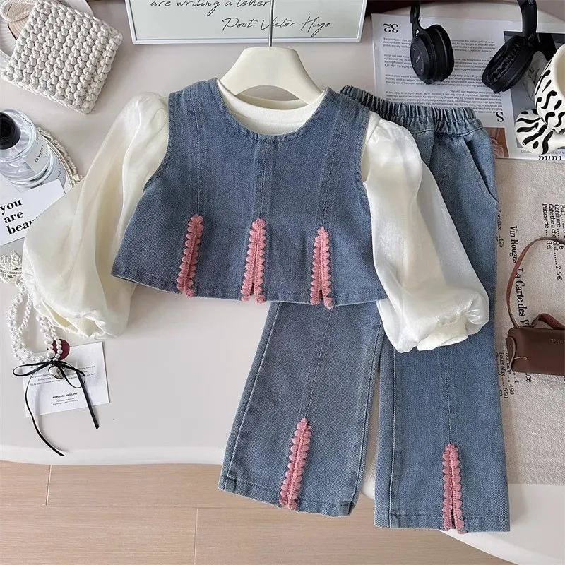 Girls Denim Clothes Sets Spring Autumn 2025 Children Princess Vest Sweatshirts Tops Pants 3pcs Cute Suit For Baby Outfits Kids 7