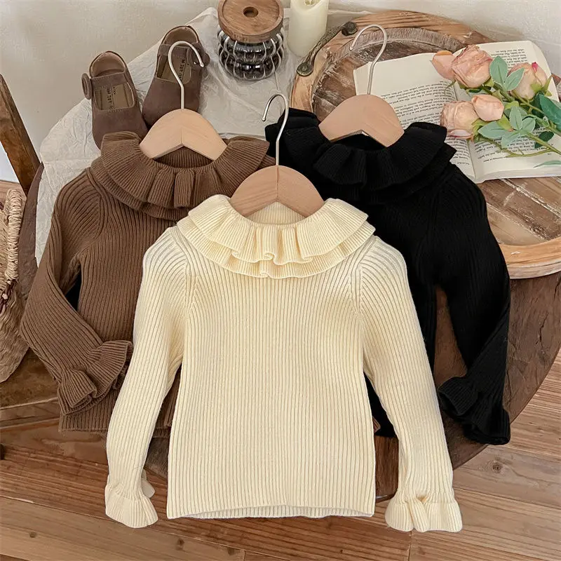 1-9Years Toddler Baby Knit Sweaters for Girls Ruffles Sweater Kids Fall Long Sleeve Turtleneck Base Pullover Tops 2 3 4 5 6 7 8