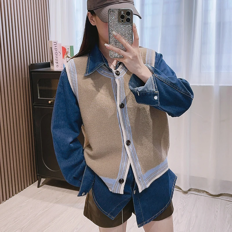 

Korean college style knitted vest set for women's autumn and winter new fashion casual vest + denim shirt two-piece set