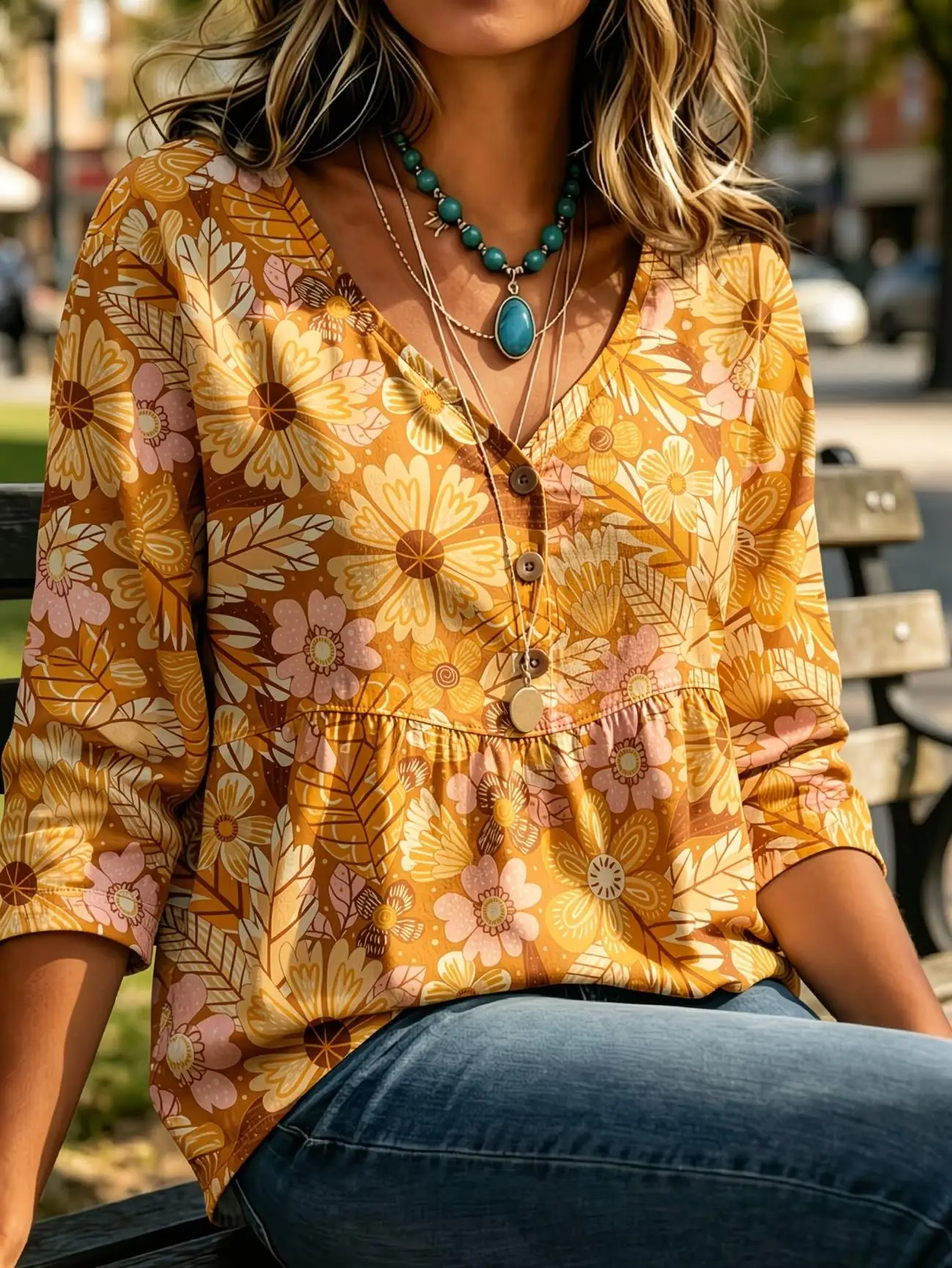 Babydoll Feminina Estilo Casual com Bordados, Grandes Flores Vermelhas Vibrantes, Três Botões, Saia Barra Larga, Decote V