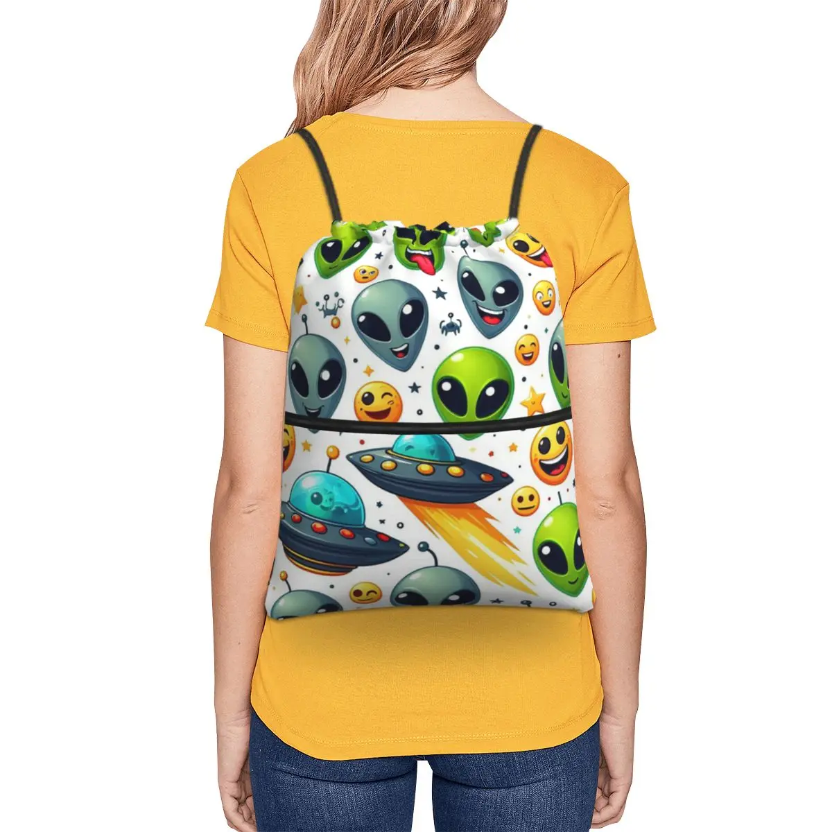 Green Alien And UFO Pattern Backpacks Fashion Drawstring Bags Storage Bag Book Bags for Travel School