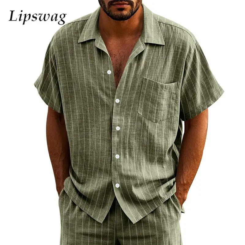 

Classic Striped Linen Shirts For Mens Vintage Turn-down Collar Buttoned Shirt Summer Short Sleeve Men Casual Shirt Seaside Beach