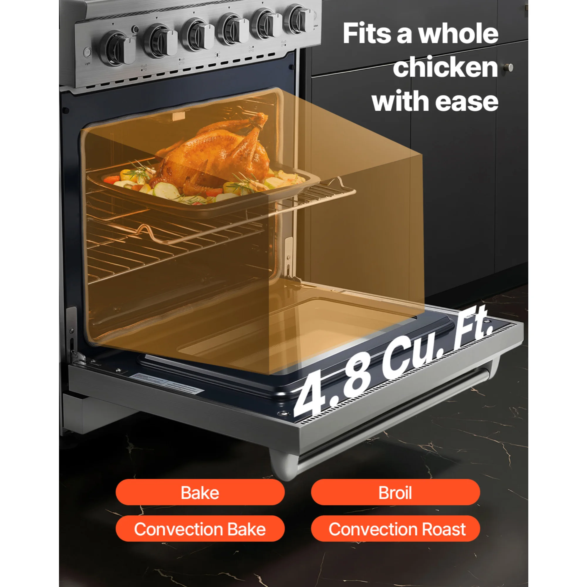 Gas Range Oven, 30 Inches Width, Freestanding Stainless Steel Stove and Oven with 5 Sealed Cooktop Burners, Easy Reach Racks, 4.8 Cu. Ft. Capacity, for Apartment, Home, Kitchen view 4