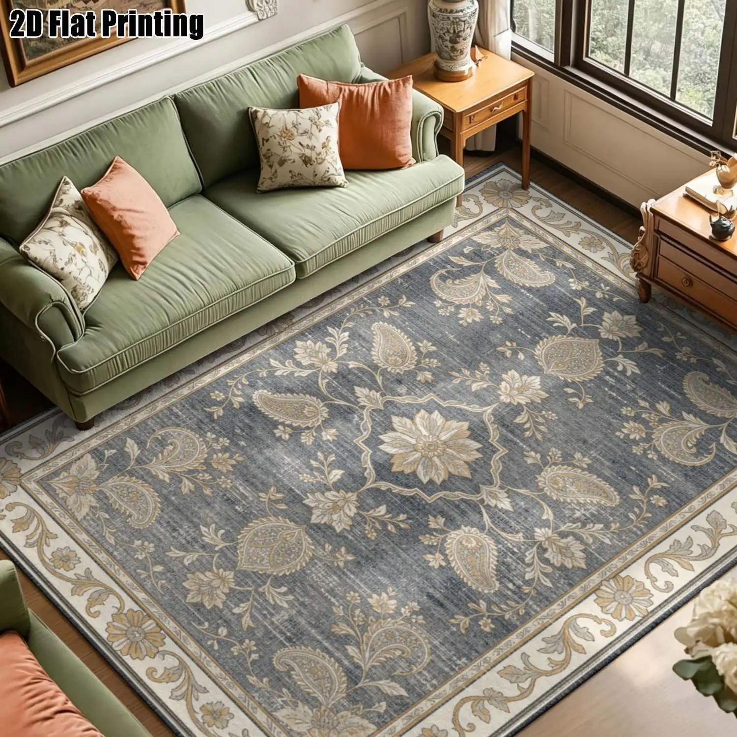 1Pc 2D Printed Carpet, Red-Brown Retro Scroll Pattern, European/Bohemian Style, Washable, Multi-Size, Home Decor, Multi-Scene Use