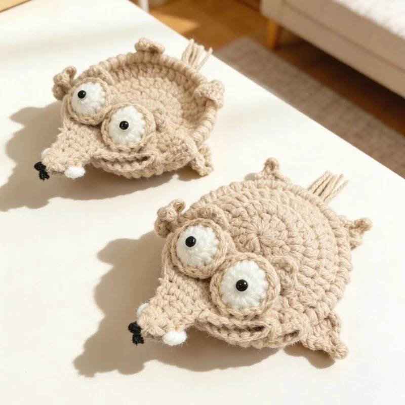 1PC Hand Crochet Squirrel Coaster Heat Resistant Cup Mat Mug Rug for Coffee Table Creative Desktop Ornament Animal Lover Gift