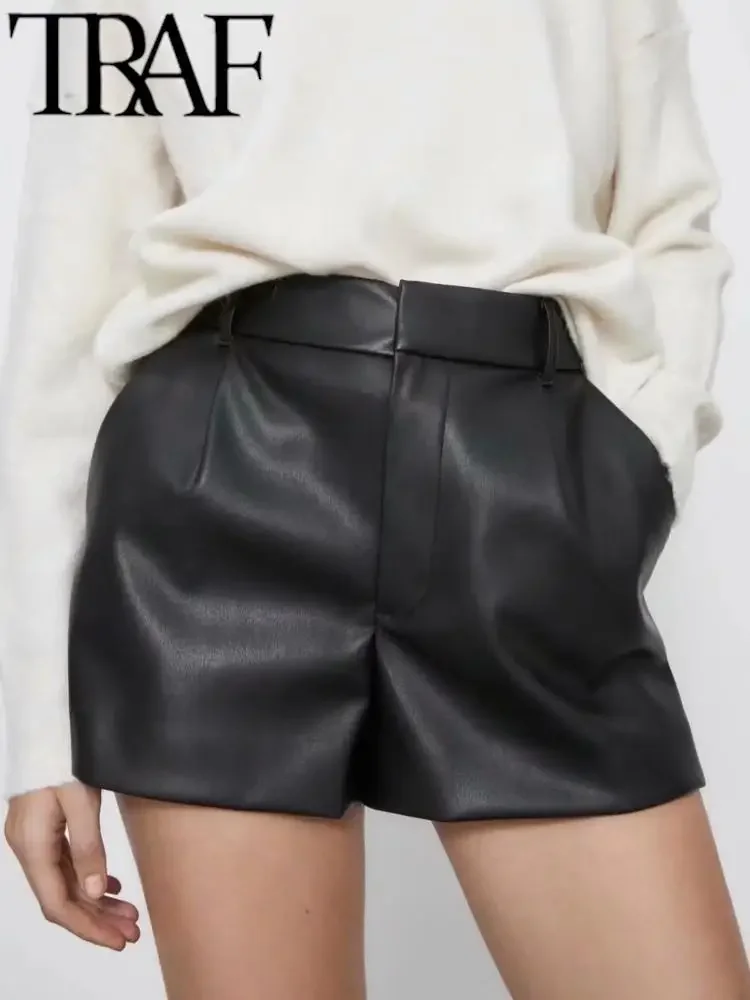 Women Fashion Faux Leather Shorts High Waist Side Pockets Vintage Zipper Fly Female Wide Leg Shorts Streetwear Ropa