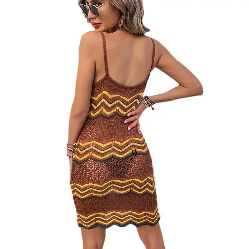 Sexy tricoté V-Ne creux rayure longue Dr Ele Sle taille moyenne sans Sve t-shirt fibre d'acétate 00% été Ciwalk Dr