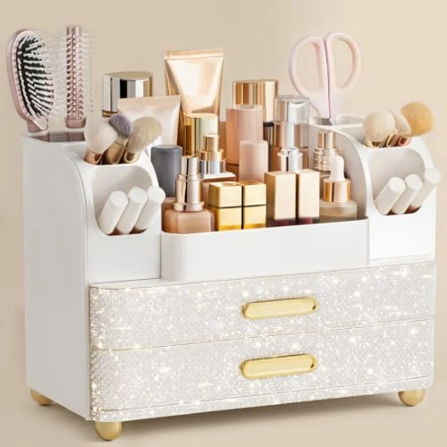 

Makeup Organizer for Vanity with Brush Holder, Large Bathroom Countertop Cosmetic Organizer Skin Care Storage, Easy to Store Na