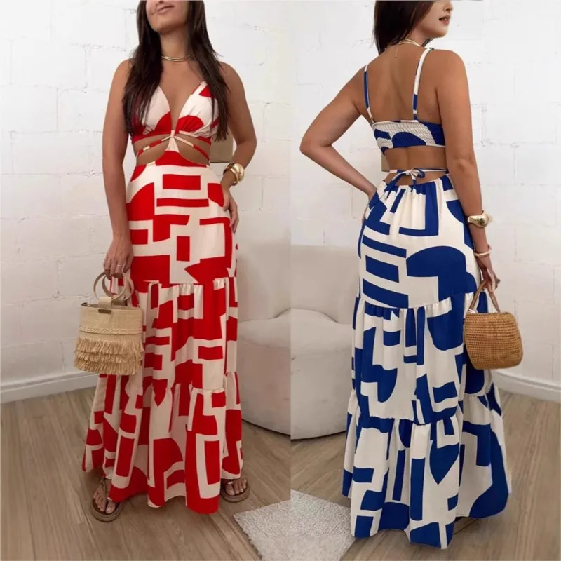

2025 Women's New Product Geometric Printed Backless Hollow Sleeveless Strap Sexy Large Sling Floor Long Dress Beach Long Skirt