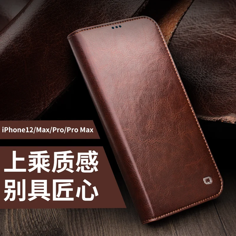 Genuine Leather Flip Cover For iPhone 14 Pro Case 12 13 15 Pro Max Mini Plus Business Bag Card Slot Pocket Full Protection Cases