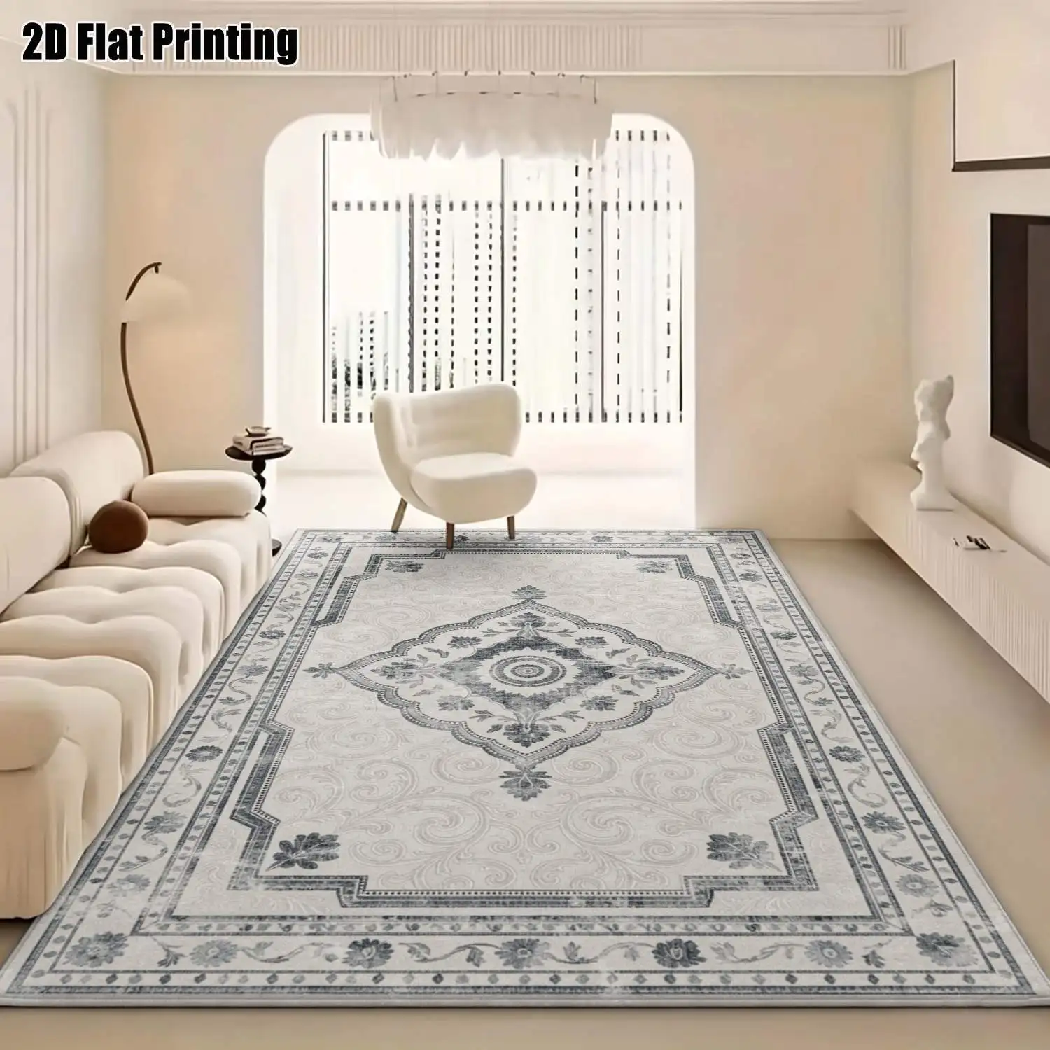 1Pc 2D Printed Carpet: Blue-Grey Floral & Geometric Patterns, for European/Vintage Decor Multiple Sizes, Machine Washable, Ideal for Entryway, Dining Room, Foyer, Bedroom, Living Room.