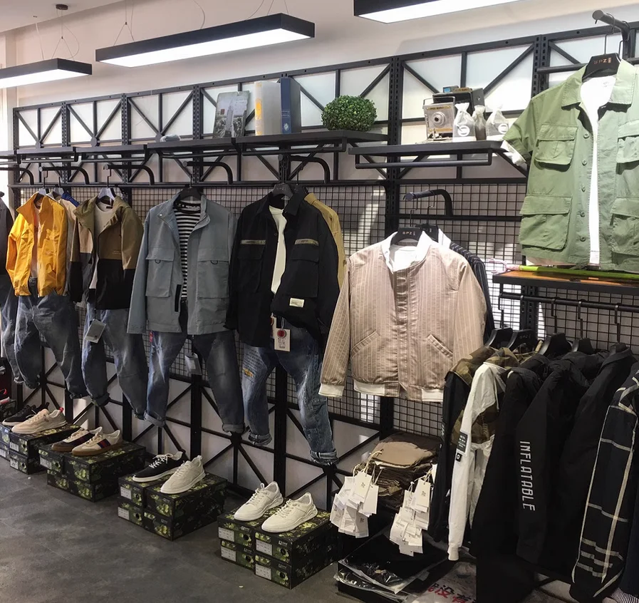 

Men's clothing store wall mounted combination internet famous shelf, front hanging, side hanging, back panel display shelf
