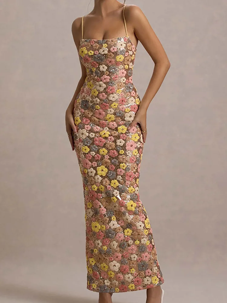 Robe de soirée Slim en Patchwork de fleurs et de paillettes pour femmes, robe Maxi d'été sans bretelles à la mode, robe Sexy sans manches pour dames, 2025