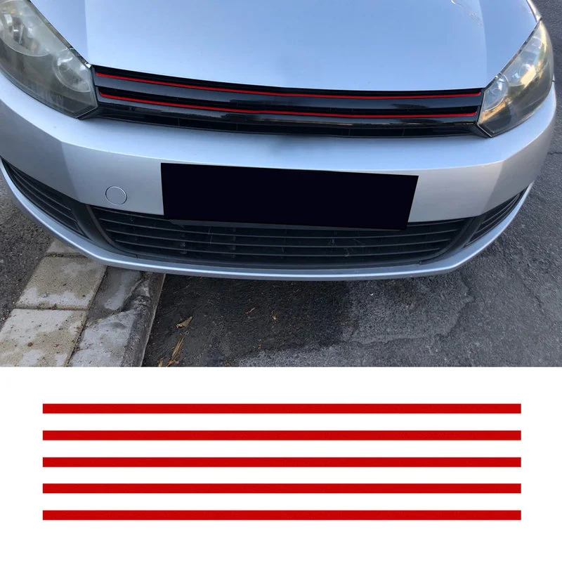 5Pc Reflective Strips Car Sticker Auto Front Hood Grille Mouldings Red Waterproof Car Decor Accessories Exterior Parts Universal