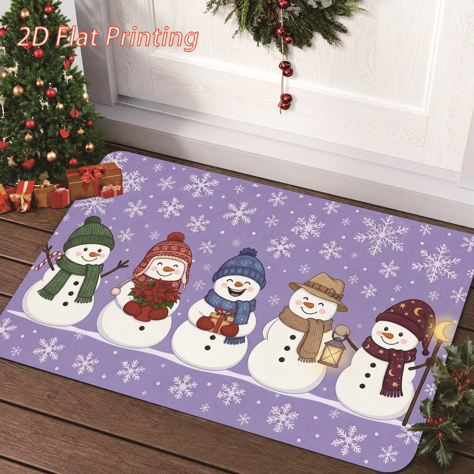 Joyeux Noel Candy Cookie Wreath Print Doormat Pastel Blue Floor Rug Festive Xmas Decor Mat for Entryway Balcony Home Party