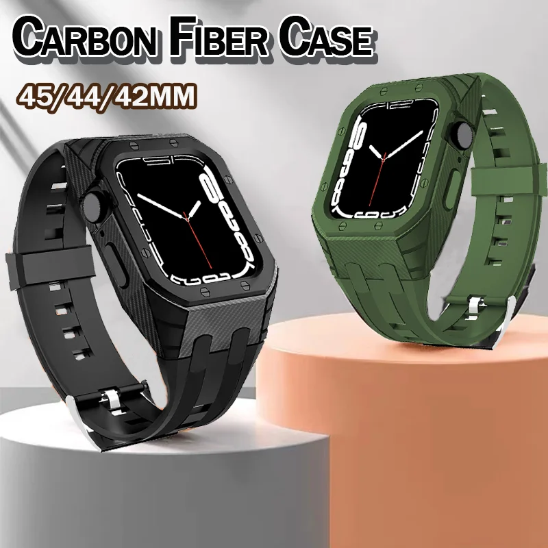 

Mod Kit Carbon Fiber Pattern AP Style Case for Apple Watch Band 8 7 45mm 6 5 4 Silicone Strap Watchband PC Cover Rubber Bracelet