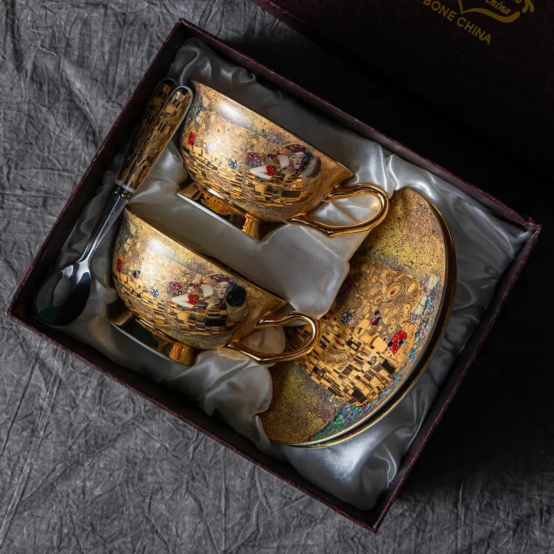 Bone China Coffee Mug Set, Ceramic Tea Set, Klimt Kiss, Luxury Gifts, Porcelain Drinkware, Tea Cups with Spoon Tray, Gift Box