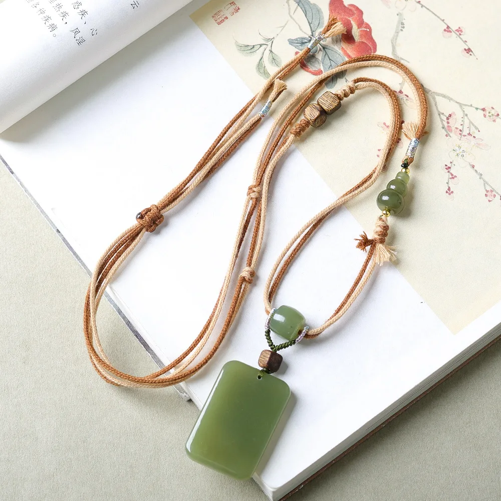 Original Hetian jade nothing card zucchini necklace Wenchuan hand-woven rope Chinese national style jumper chain