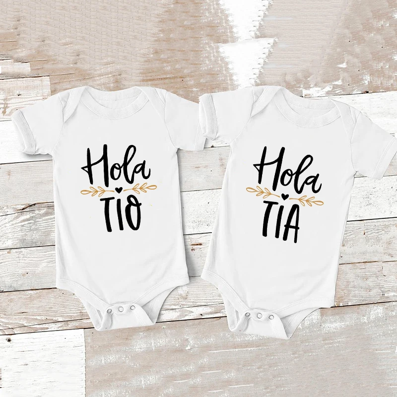 Hola Tio Tia Pregnancy Announcement Baby Bodysuit Jumpsuit Infant Clothing Casual Overalls Pregnancy Gift for New Aunt Uncle