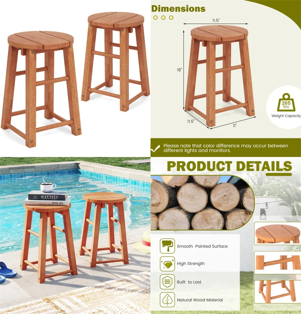 

Makeup Vanities2 Pack 18 Inch Outdoor Wood Bar Stools Set for Patio Garden Yard