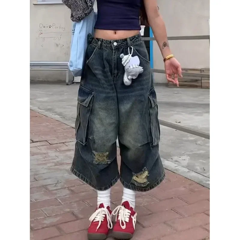 

Women Summer High Waist Retro Blue Washed Denim Shorts Female Harajuku Vintage High Street Loose Y2K Streetwear Wide Leg Pants