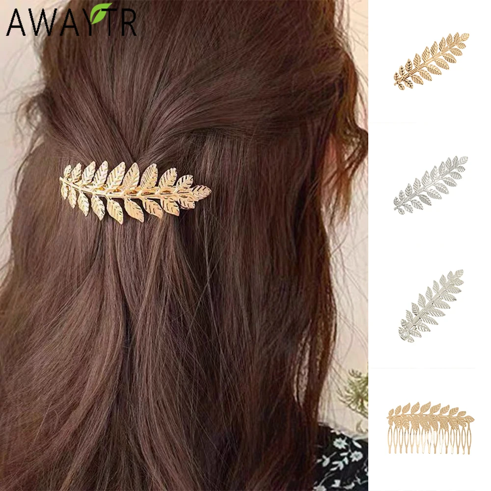 AWAYTR Elegant Gilded Leaf Hairpin Electroplated Alloy Hair Clips Valentine Headwear Girl Hair Accessories Festival Gift