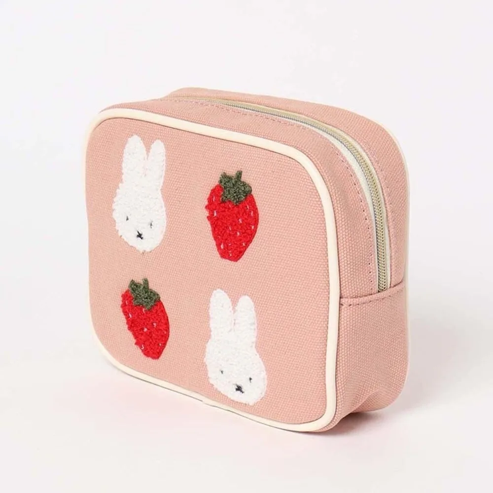 Strawberry Cartoon Kawaii Pink Square Makeup Storage Bag Portable Embroidery Fashion Canvas Lipstick Pack Plush