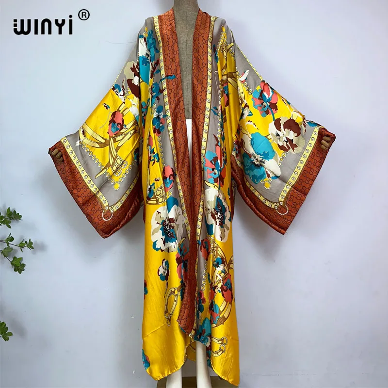 WINYI Africa Classic pattern print sweet lady beach Cardigan lungo bohémien Cover-up stitch Casual Boho Maxi Holiday party kimono